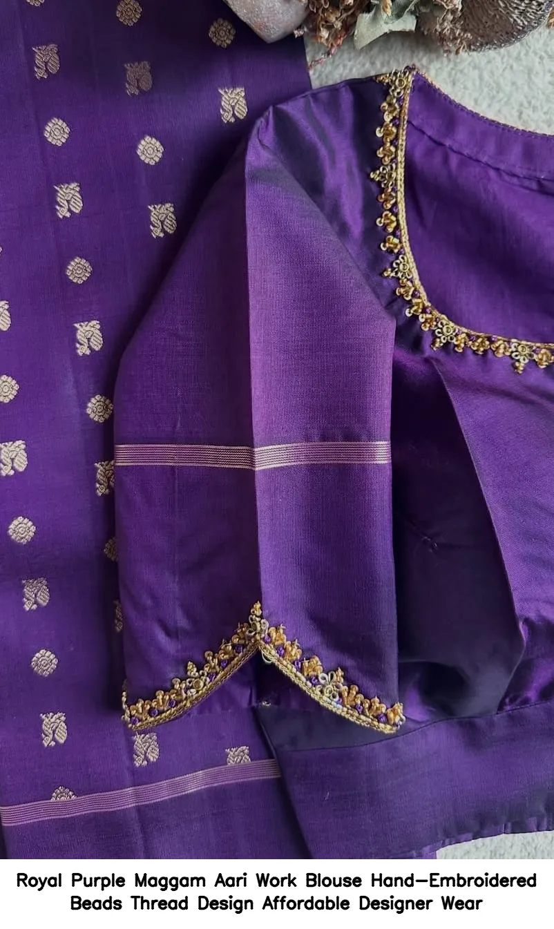 Royal Purple Maggam  Aari Work Blouse  Hand-Embroidered Beads  Thread Design  Affordable Designer Wear
