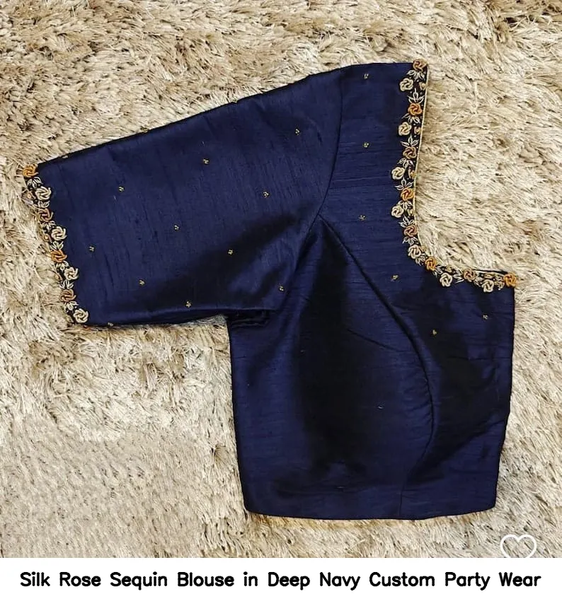 Silk Rose Sequin Blouse in Deep Navy – Custom Party Wear - Image 2