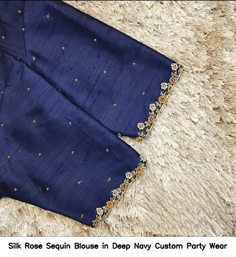 Silk Rose Sequin Blouse in Deep Navy – Custom Party Wear - Image 3