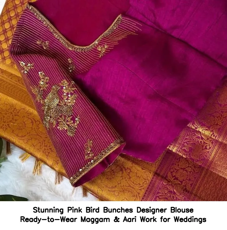 Stunning Pink Bird Bunches Designer Blouse – Ready-to-Wear Maggam & Aari Work for Weddings