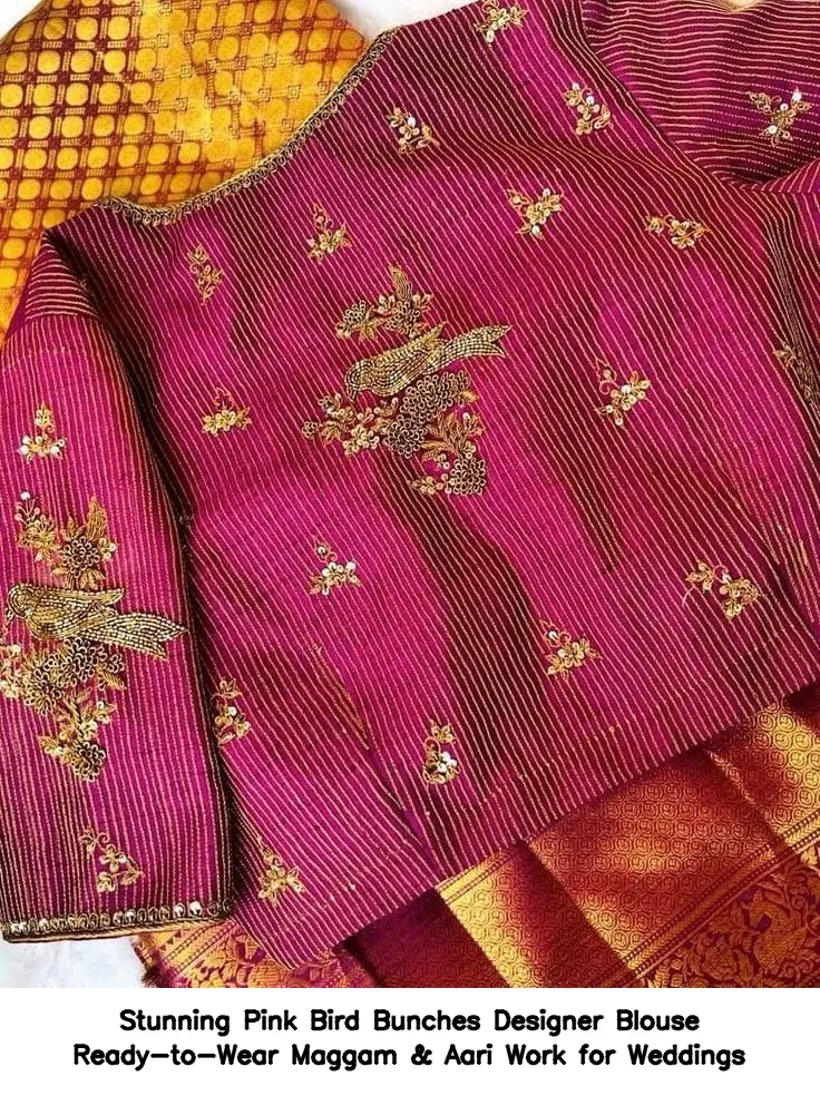 Stunning Pink Bird Bunches Designer Blouse – Ready-to-Wear Maggam & Aari Work for Weddings - Image 2