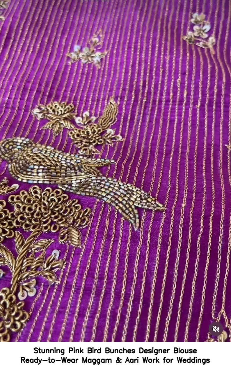 Stunning Pink Bird Bunches Designer Blouse – Ready-to-Wear Maggam & Aari Work for Weddings - Image 3