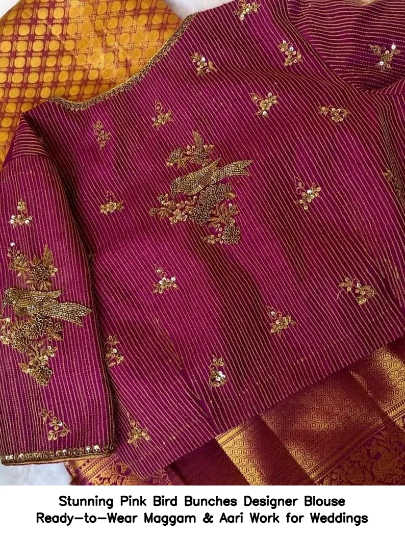 Stunning Pink Bird Bunches Designer Blouse – Ready-to-Wear Maggam & Aari Work for Weddings - Image 4