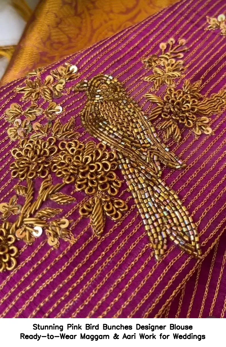 Stunning Pink Bird Bunches Designer Blouse – Ready-to-Wear Maggam & Aari Work for Weddings - Image 5
