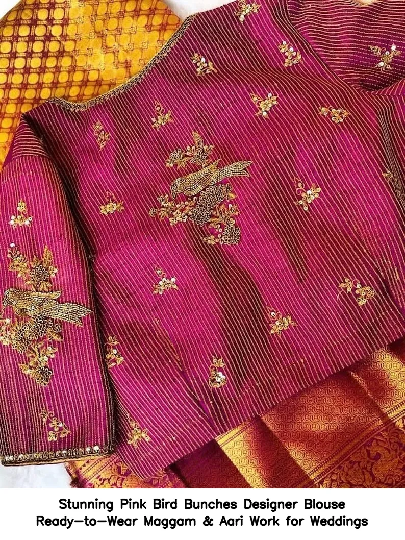 Stunning Pink Bird Bunches Designer Blouse – Ready-to-Wear Maggam & Aari Work for Weddings - Image 6