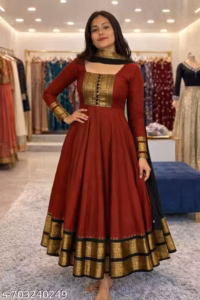 Elegant Narayanpet handwoven long frock in traditional ethnic design, perfect for festive occasions and cultural celebrations.