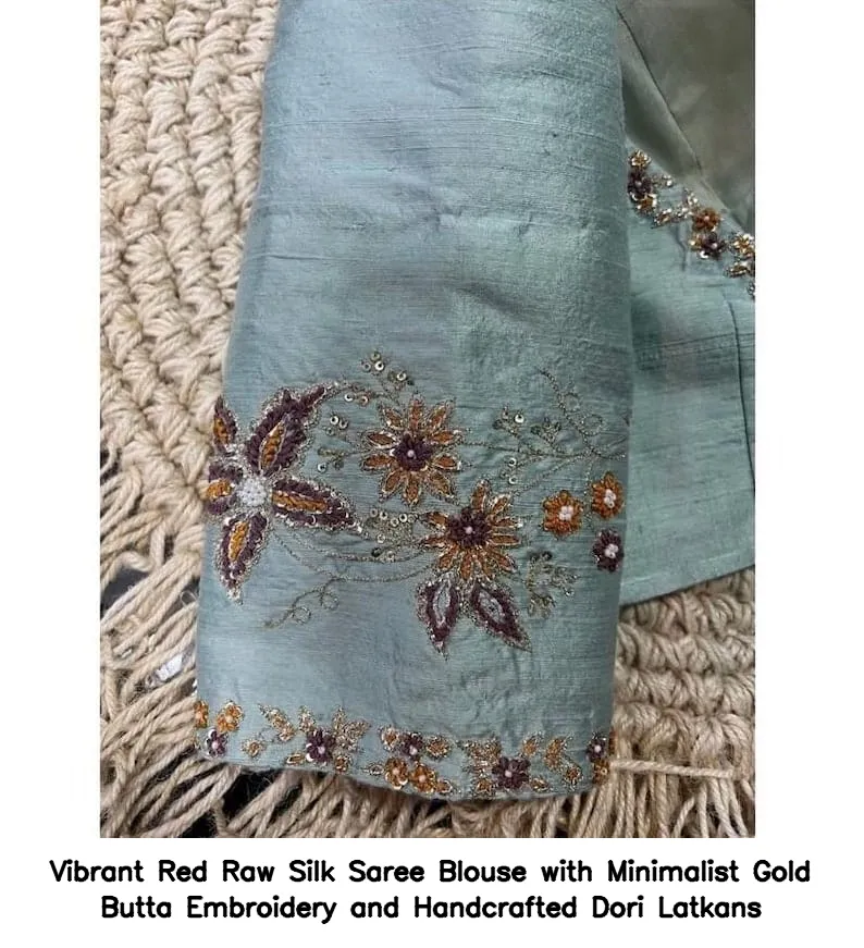 Vibrant Red Raw Silk Saree Blouse with Minimalist Gold Butta Embroidery and Handcrafted Dori Latkans