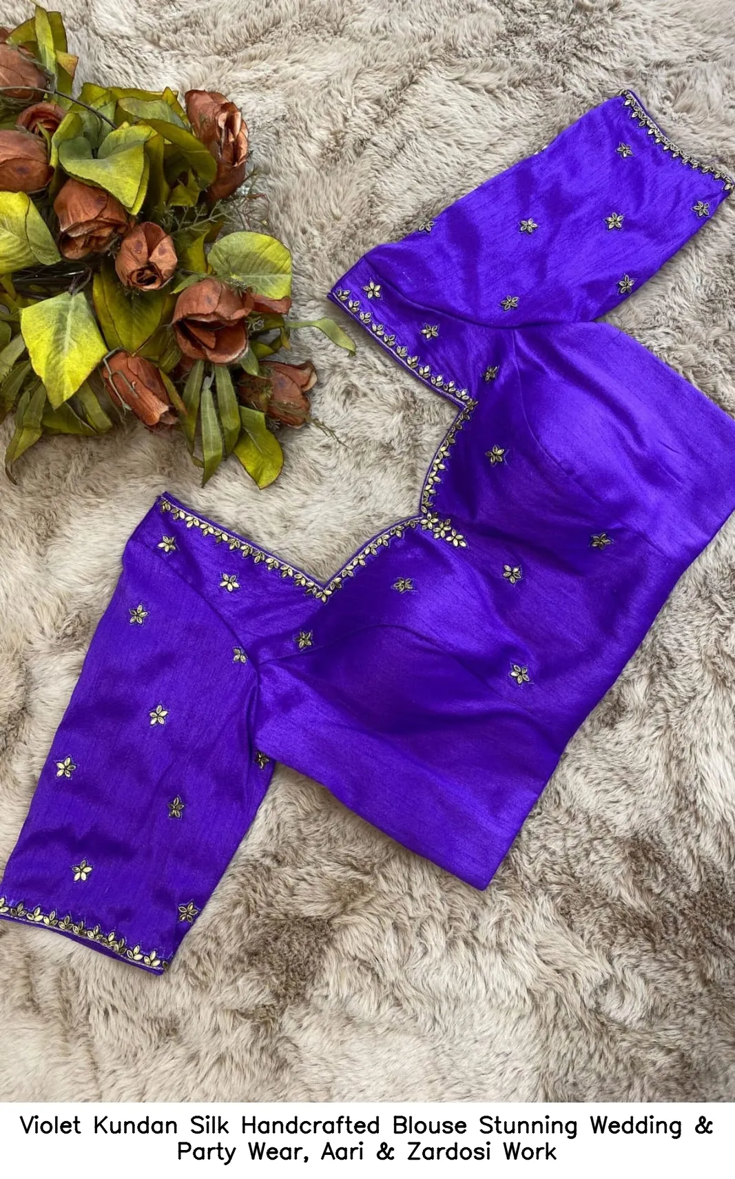 Violet Kundan Silk Handcrafted Blouse – Stunning Wedding & Party Wear, Aari & Zardosi Work