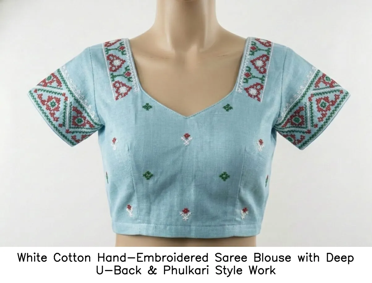 White Cotton Hand-Embroidered Saree Blouse with Deep U-Back & Phulkari Style Work