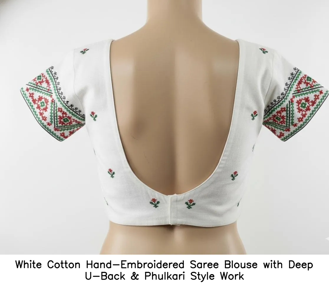 White Cotton Hand-Embroidered Saree Blouse with Deep U-Back & Phulkari Style Work - Image 2