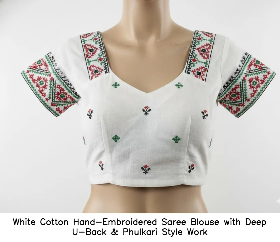 White Cotton Hand-Embroidered Saree Blouse with Deep U-Back & Phulkari Style Work - Image 3