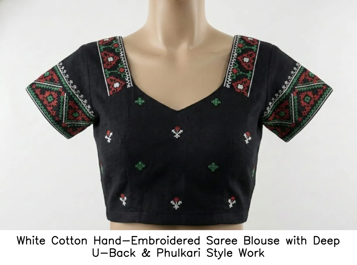 White Cotton Hand-Embroidered Saree Blouse with Deep U-Back & Phulkari Style Work - Image 4