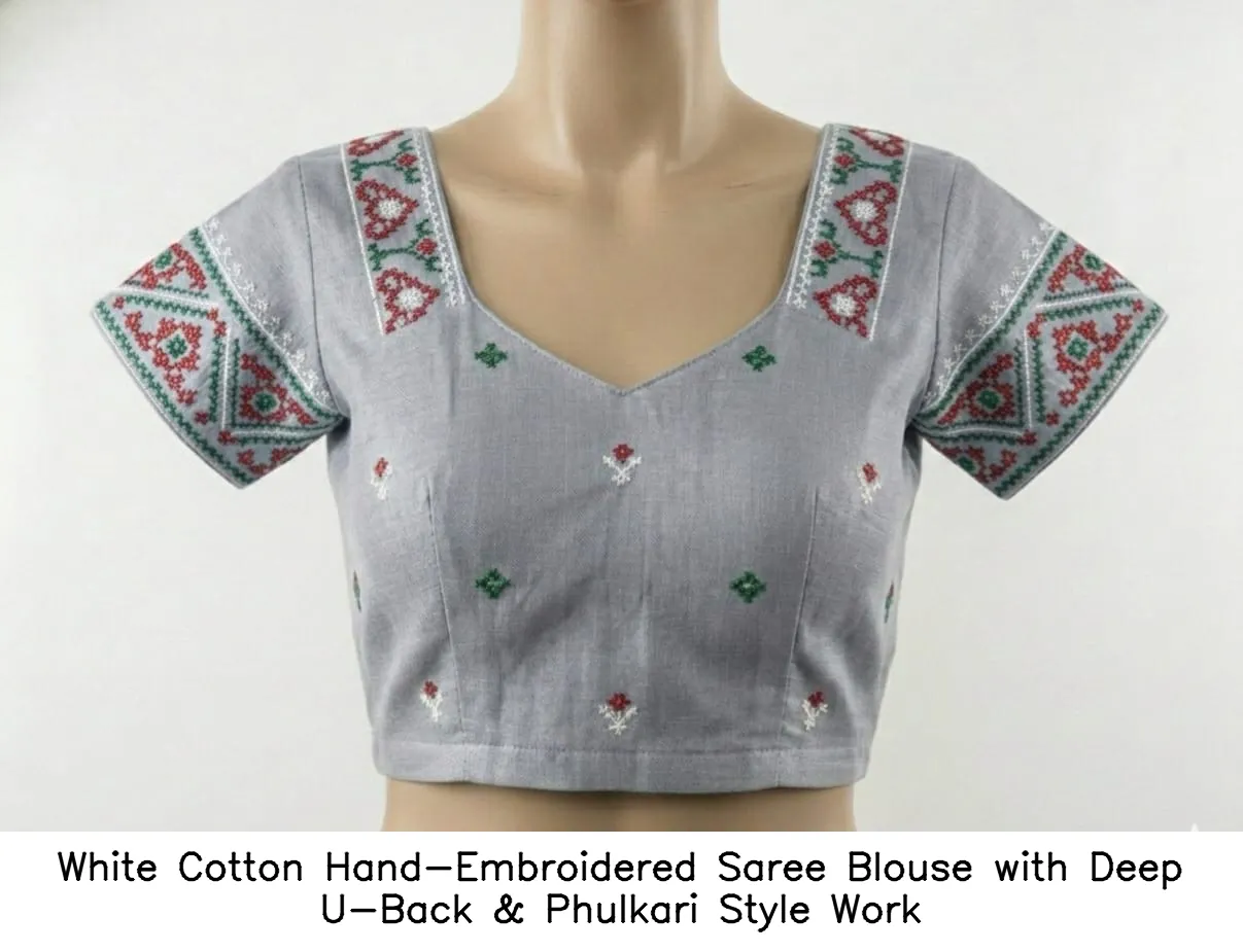 White Cotton Hand-Embroidered Saree Blouse with Deep U-Back & Phulkari Style Work - Image 5