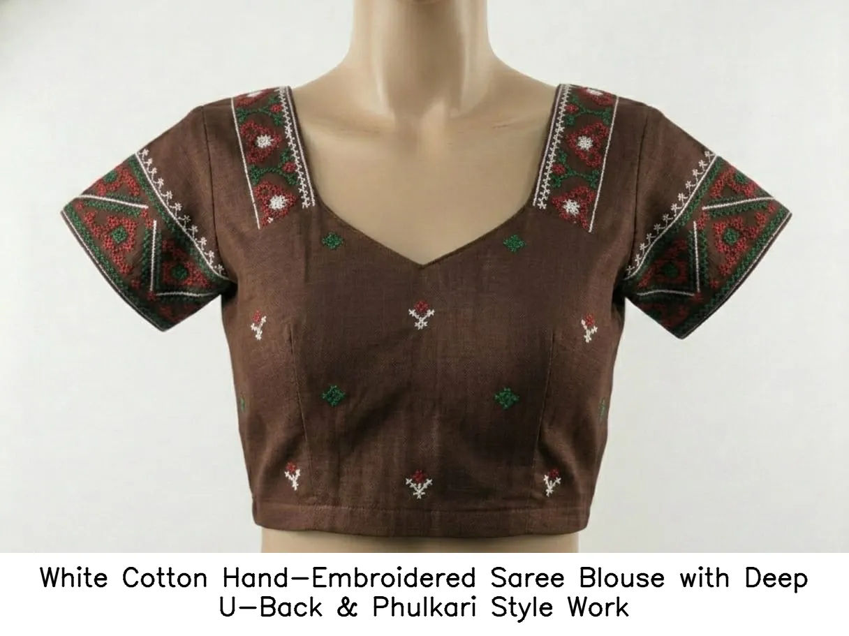 White Cotton Hand-Embroidered Saree Blouse with Deep U-Back & Phulkari Style Work - Image 6