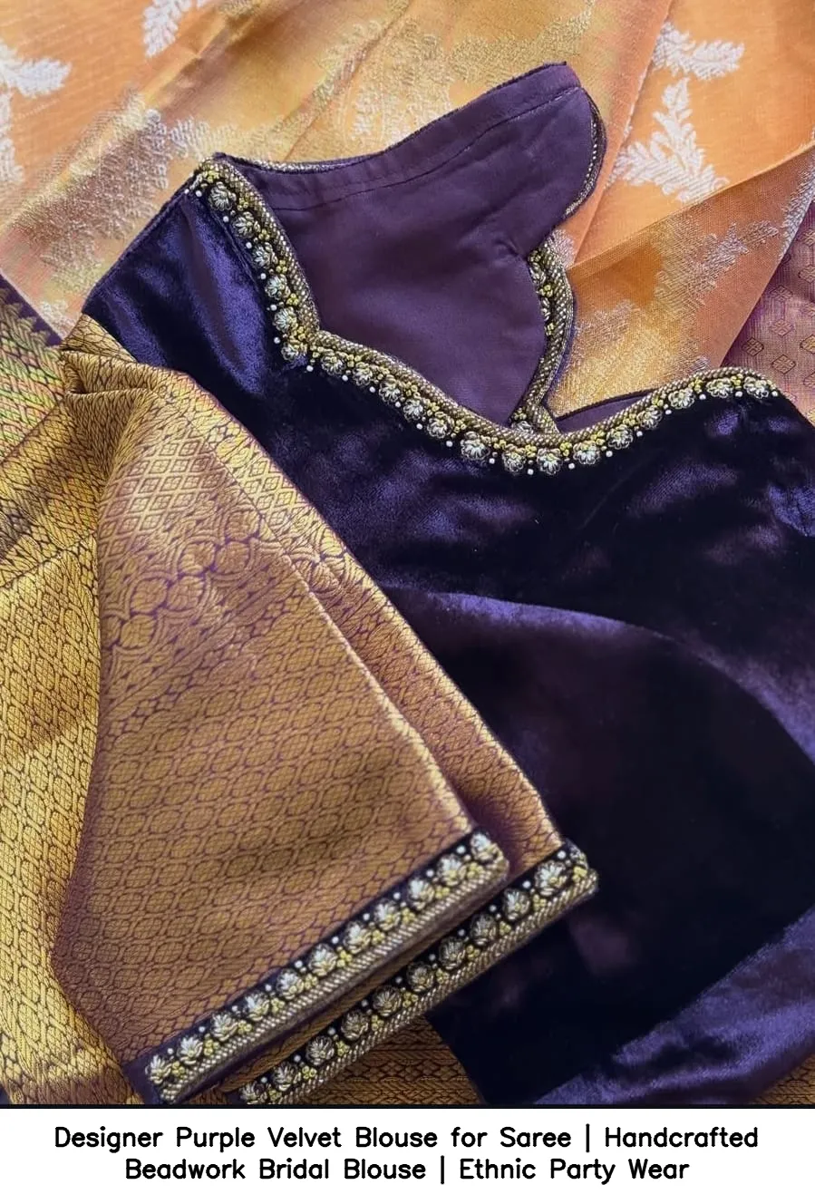 Designer Purple Velvet Blouse for Saree | Handcrafted Beadwork Bridal Blouse | Ethnic Party Wear