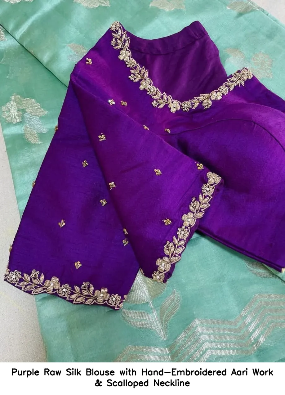 Purple Raw Silk Blouse with Hand-Embroidered Aari Work & Scalloped Neckline
