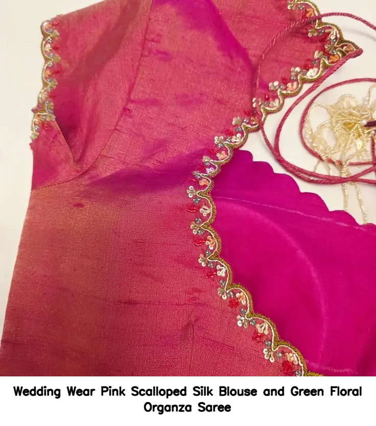 Wedding Wear Pink Scalloped Silk Blouse and Green Floral Organza Saree