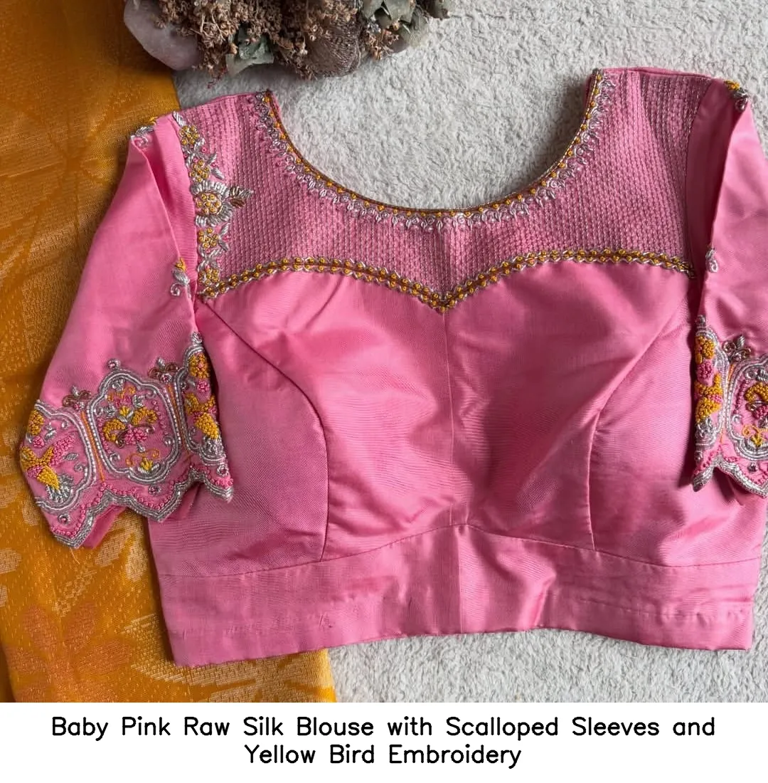 Baby Pink Raw Silk Blouse with Scalloped Sleeves and Yellow Bird Embroidery