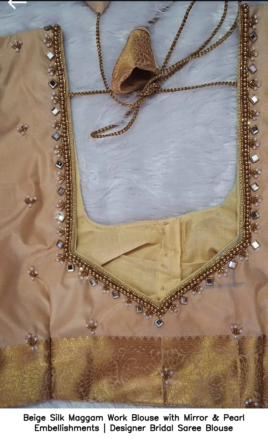 Beige Silk Maggam Work Blouse with Mirror & Pearl Embellishments | Designer Bridal Saree Blouse