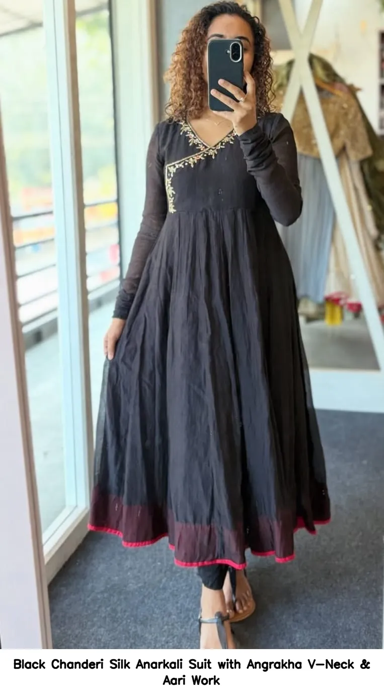 Black Chanderi Silk Anarkali Suit with Angrakha V-Neck & Aari Work