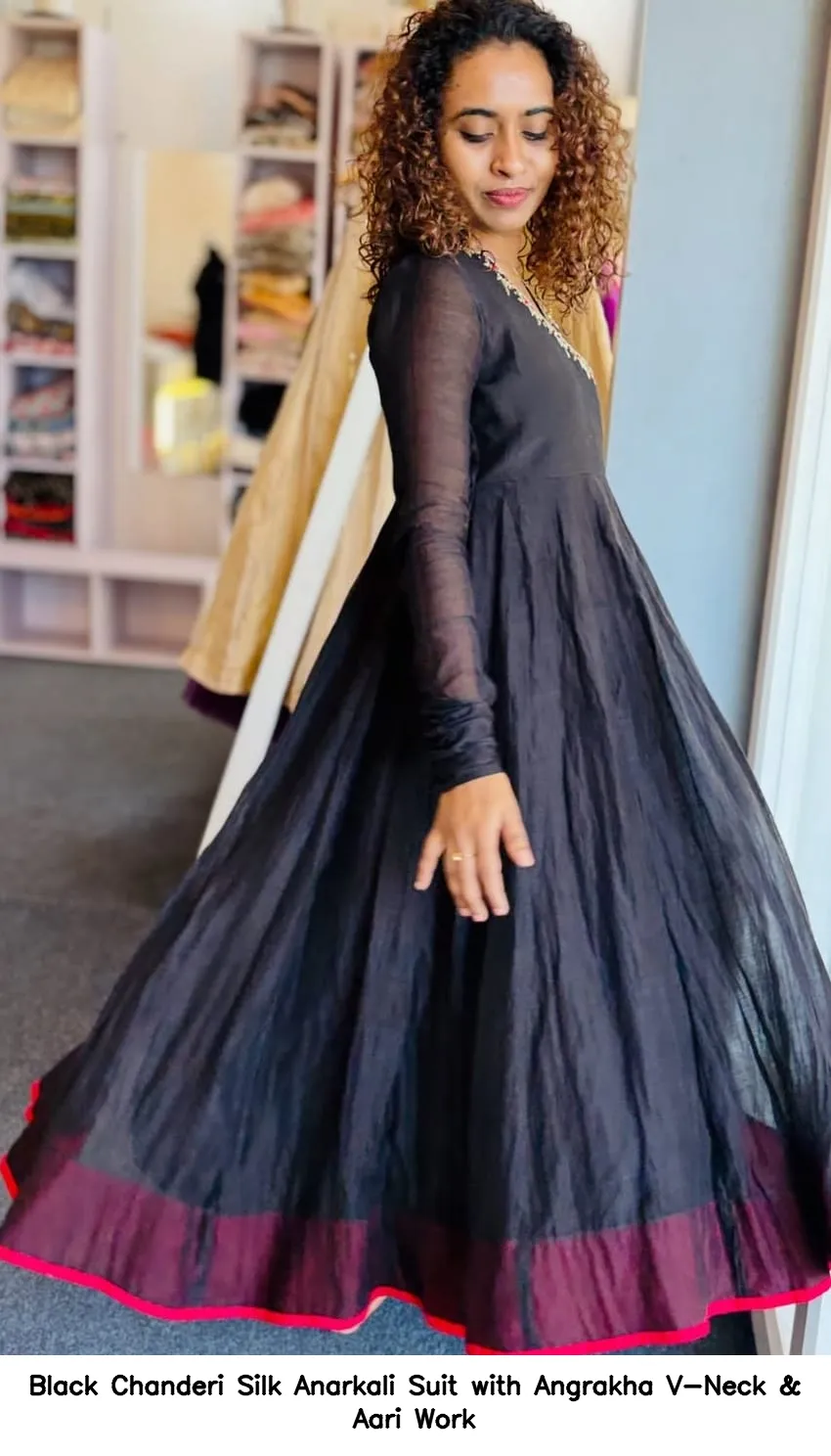 Black Chanderi Silk Anarkali Suit with Angrakha V-Neck & Aari Work - Image 2