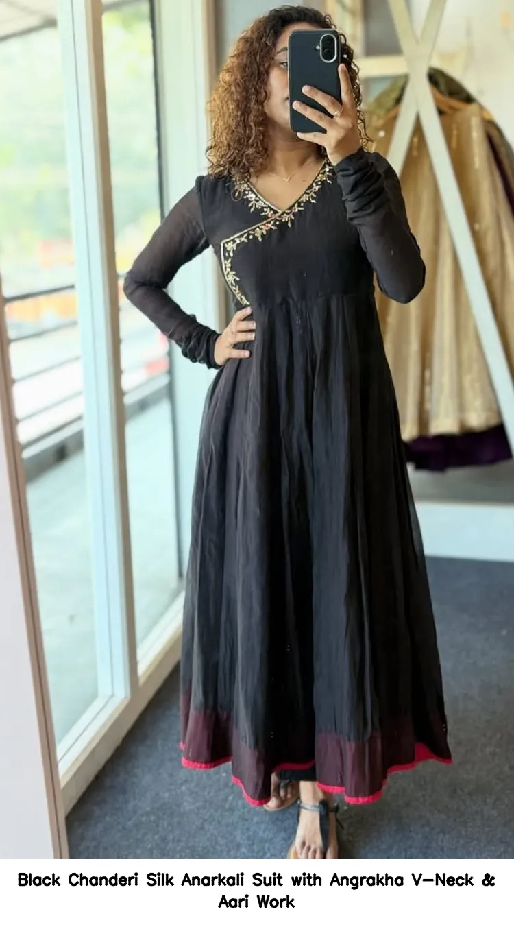 Black Chanderi Silk Anarkali Suit with Angrakha V-Neck & Aari Work - Image 3