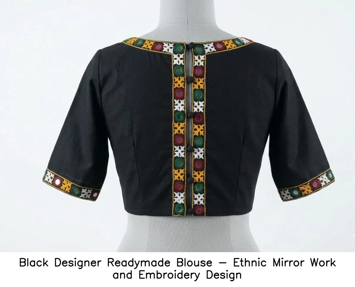 Black Designer Readymade Blouse - Ethnic Mirror Work and Embroidery Design