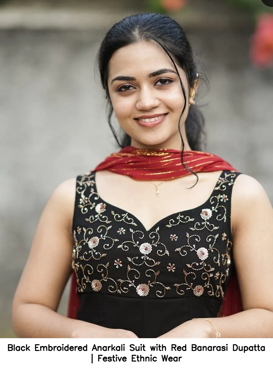 Black Embroidered Anarkali Suit with Red Banarasi Dupatta | Festive Ethnic Wear