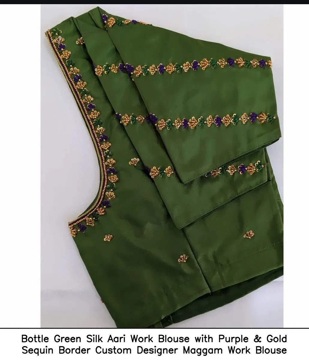 Bottle Green Silk Aari Work Blouse with Purple & Gold Sequin Border – Custom Designer Maggam Work Blouse