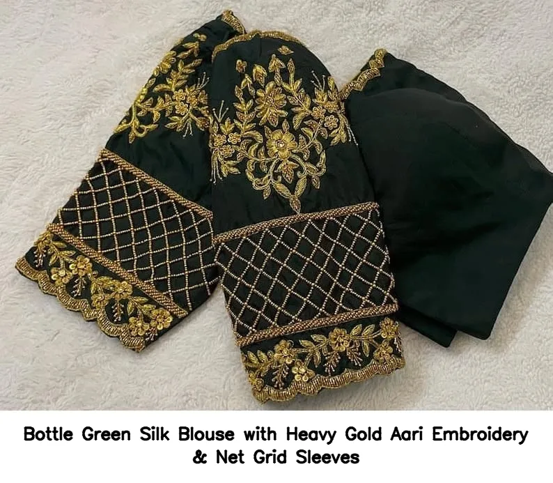Bottle Green Silk Blouse with Heavy Gold Aari Embroidery & Net Grid Sleeves