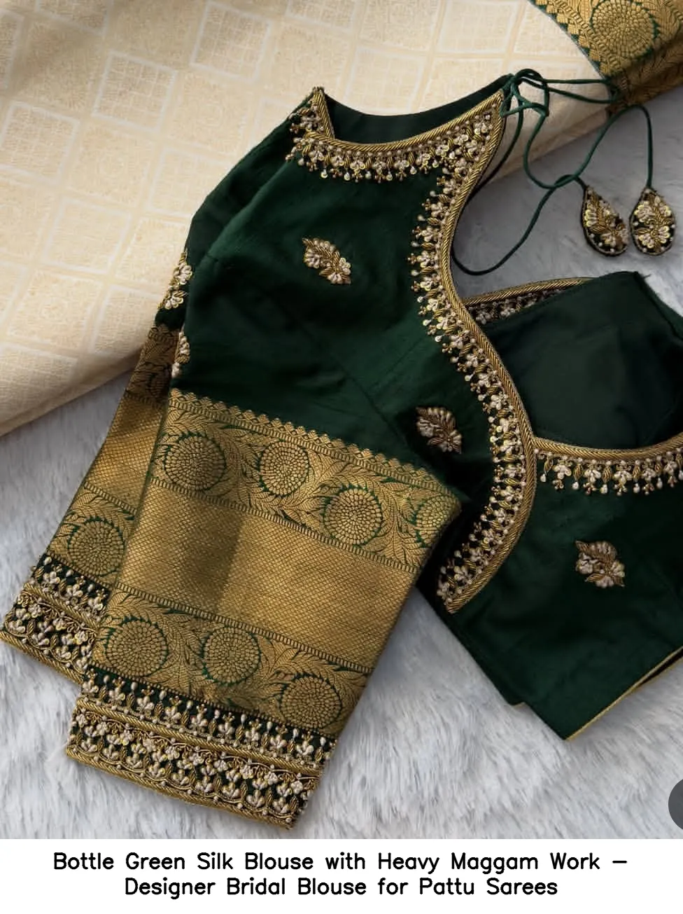 Bottle Green Silk Blouse with Heavy Maggam Work - Designer Bridal Blouse for Pattu Sarees