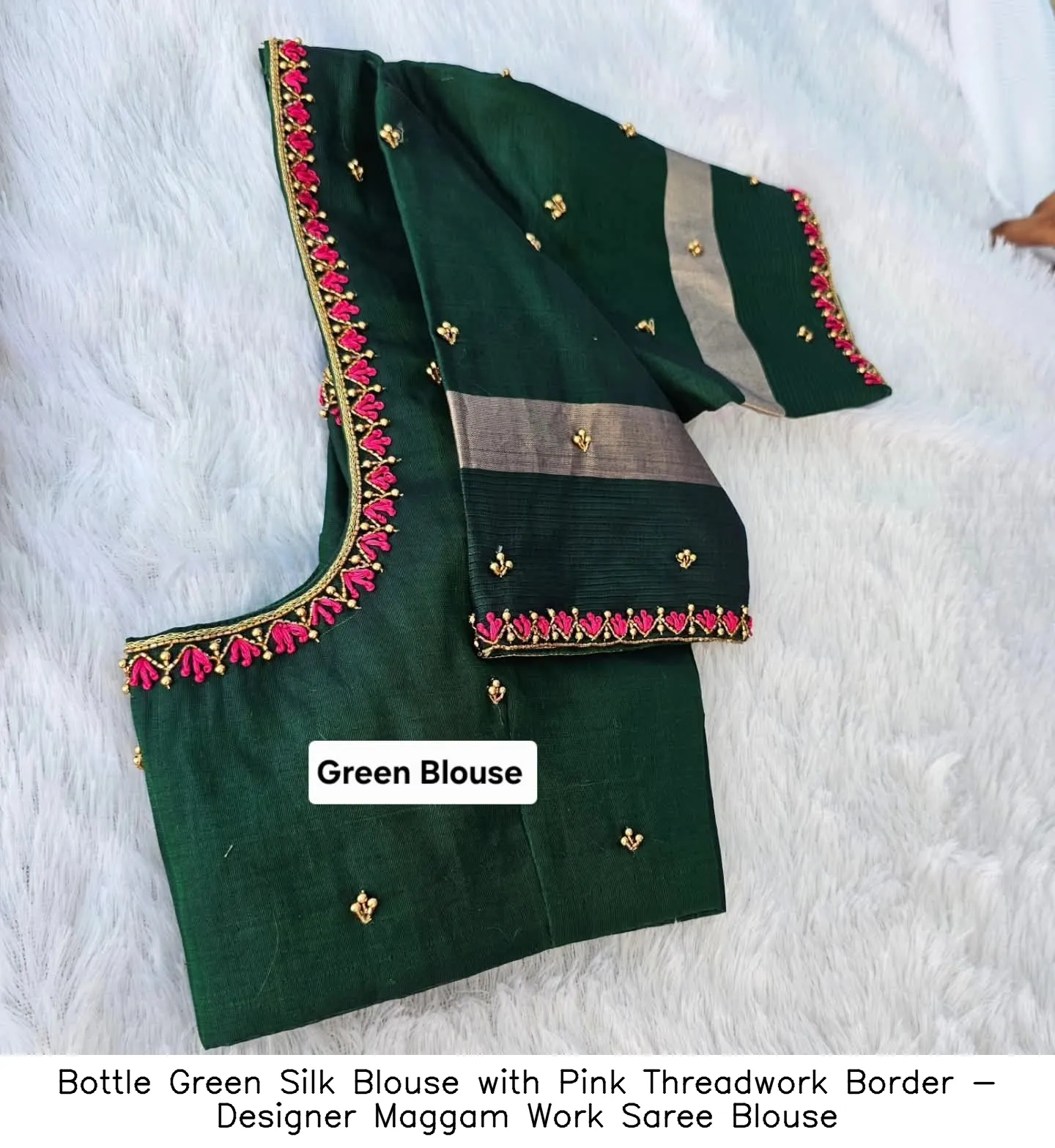 Bottle Green Silk Blouse with Pink Threadwork Border - Designer Maggam Work Saree Blouse