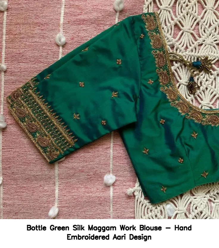 Bottle Green Silk Maggam Work Blouse - Hand Embroidered Aari Design