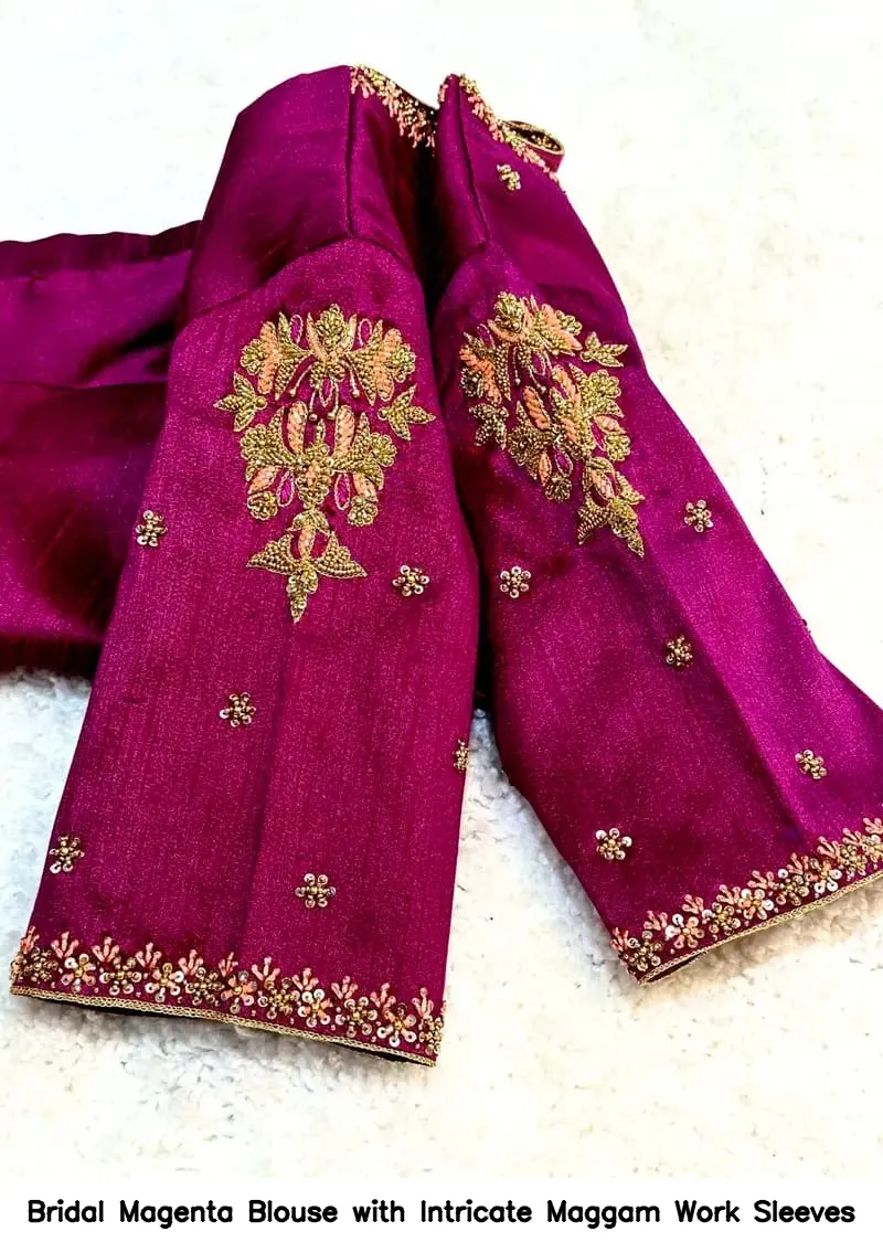Bridal Magenta Blouse with Intricate Maggam Work Sleeves
