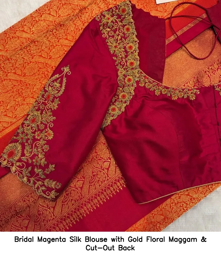 Bridal Magenta Silk Blouse with Gold Floral Maggam & Cut-Out Back