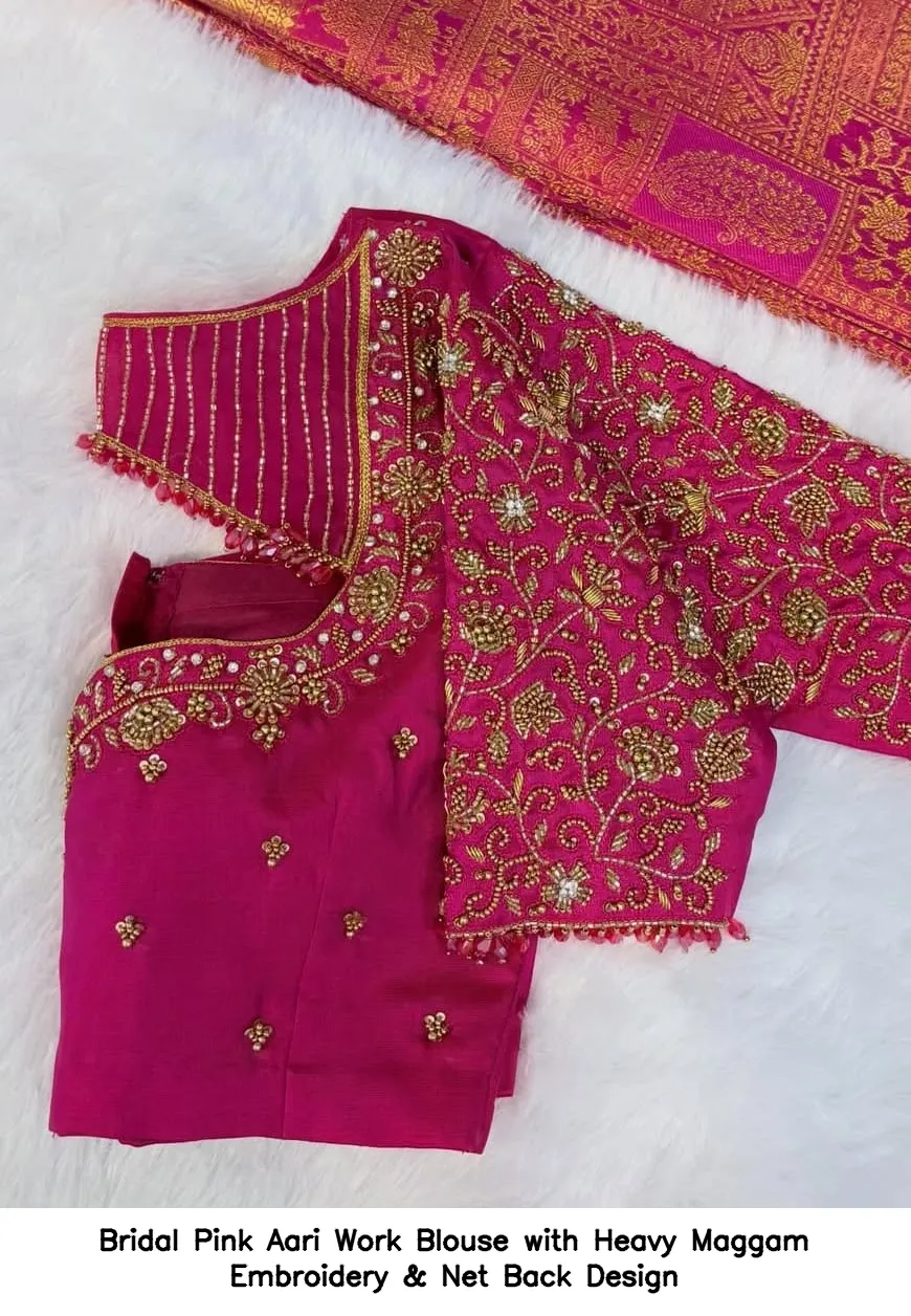 Bridal Pink Aari Work Blouse with Heavy Maggam Embroidery & Net Back Design