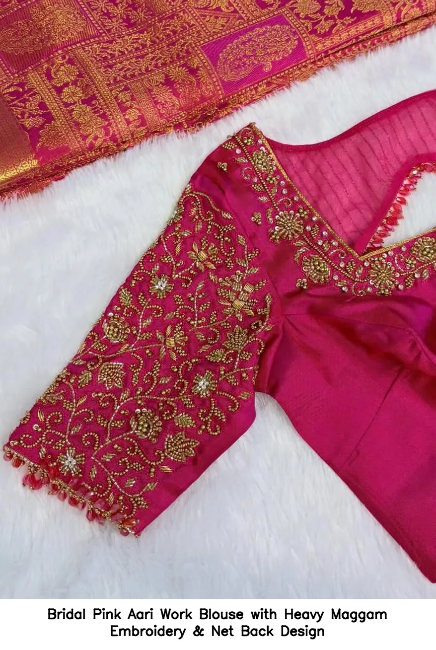 Bridal Pink Aari Work Blouse with Heavy Maggam Embroidery & Net Back Design - Image 3