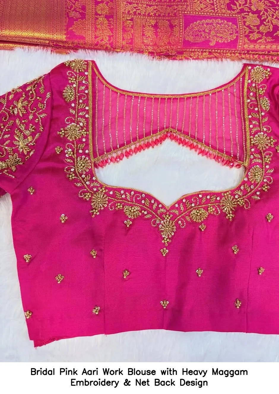 Bridal Pink Aari Work Blouse with Heavy Maggam Embroidery & Net Back Design - Image 4