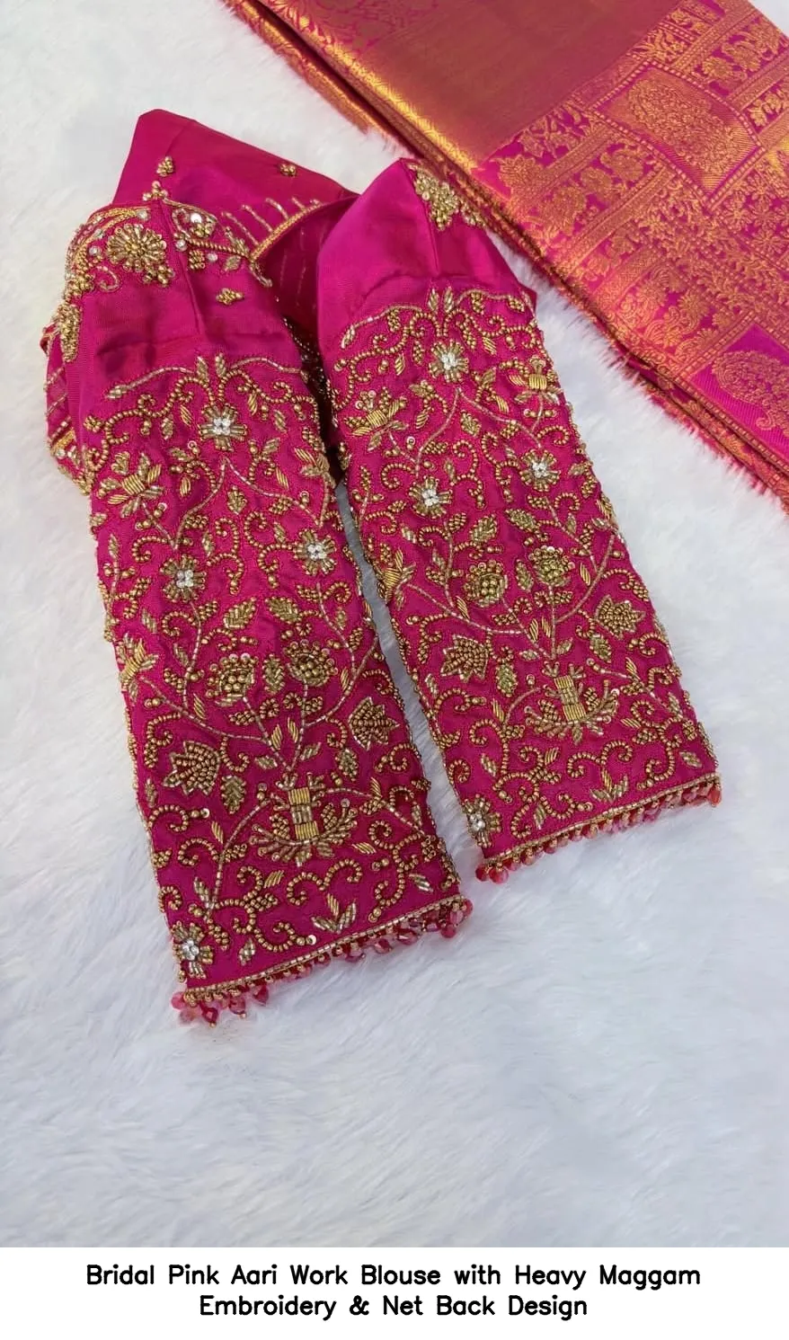 Bridal Pink Aari Work Blouse with Heavy Maggam Embroidery & Net Back Design - Image 5