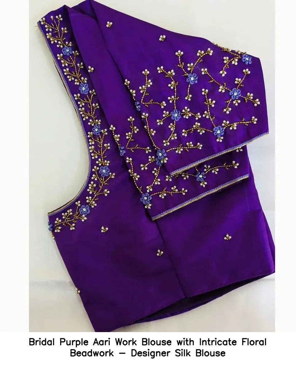 Bridal Purple Aari Work Blouse with Intricate Floral Beadwork - Designer Silk Blouse