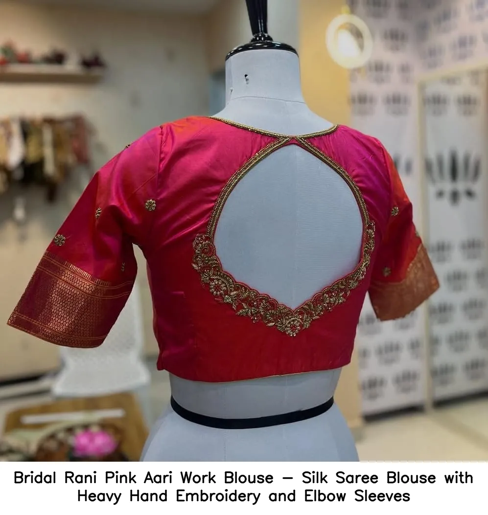 Bridal Rani Pink Aari Work Blouse - Silk Saree Blouse with Heavy Hand Embroidery and Elbow Sleeves