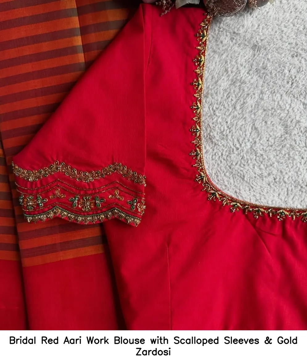 Bridal Red Aari Work Blouse with Scalloped Sleeves & Gold Zardosi