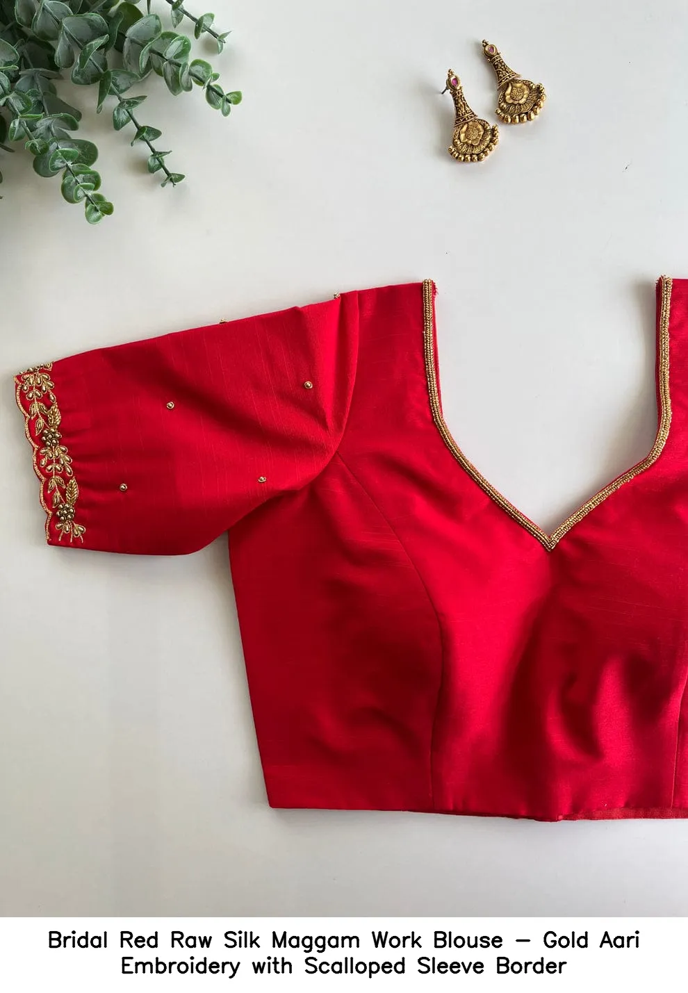 Bridal Red Raw Silk Maggam Work Blouse - Gold Aari Embroidery with Scalloped Sleeve Border