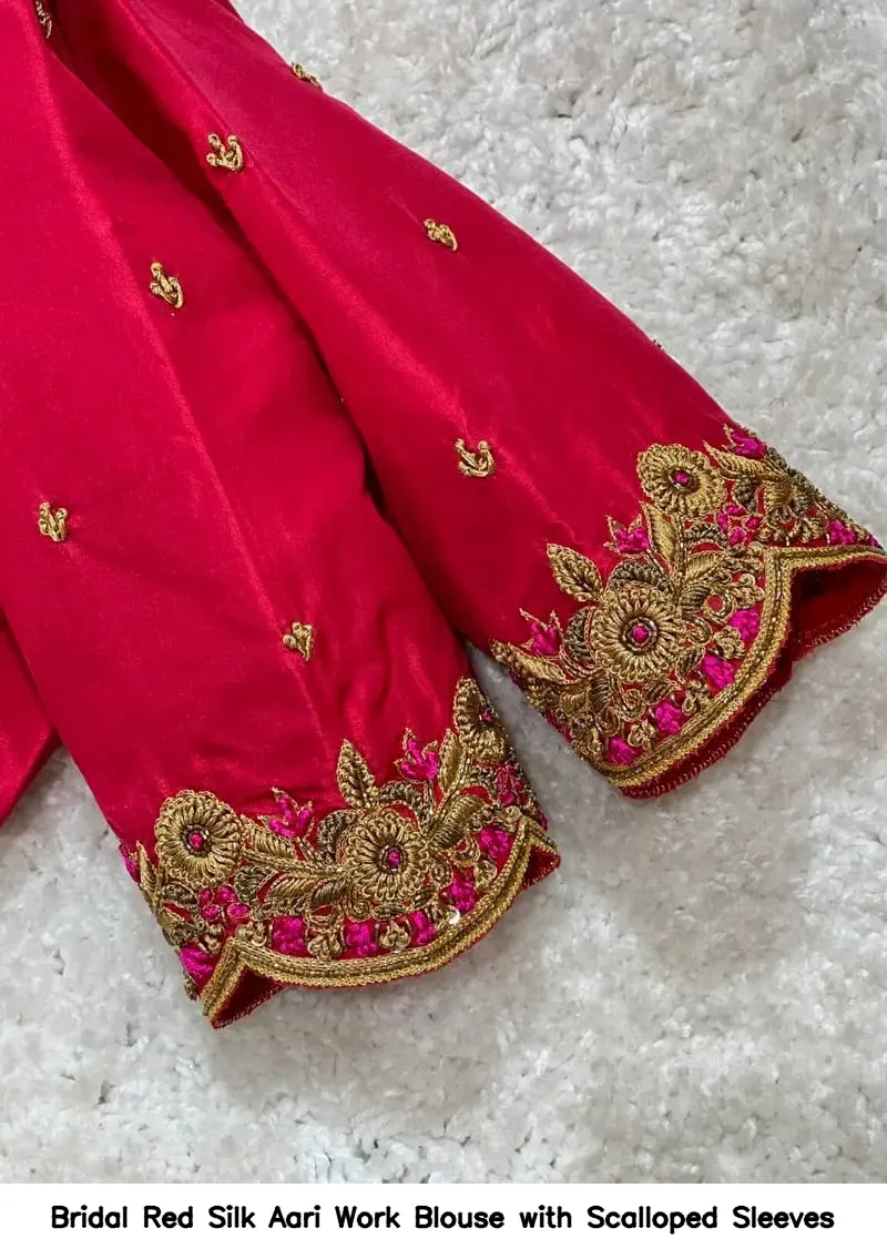 Bridal Red Silk Aari Work Blouse with Scalloped Sleeves