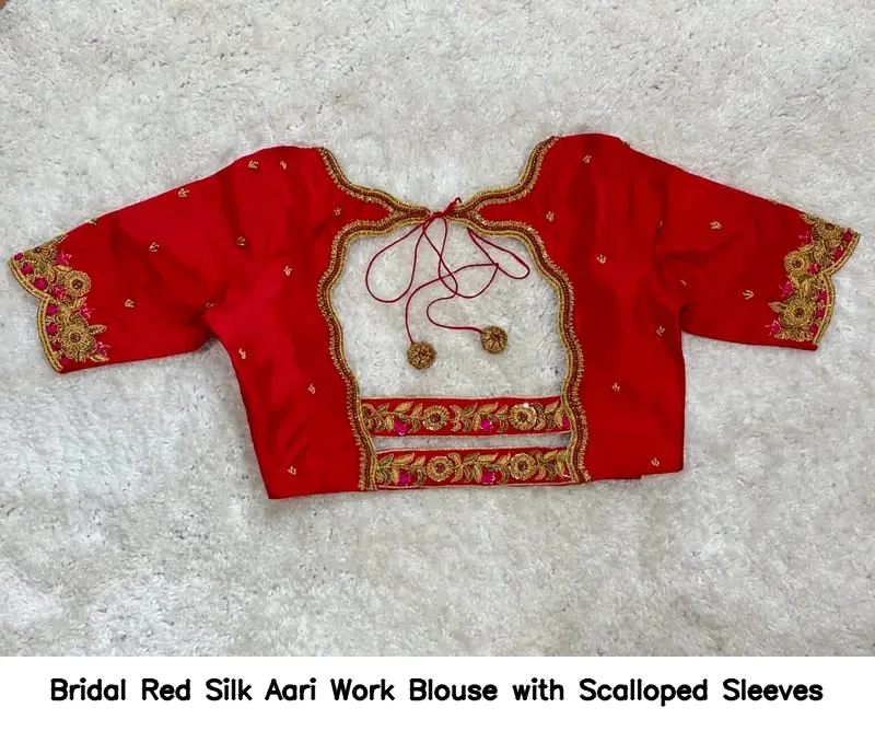 Bridal Red Silk Aari Work Blouse with Scalloped Sleeves - Image 2