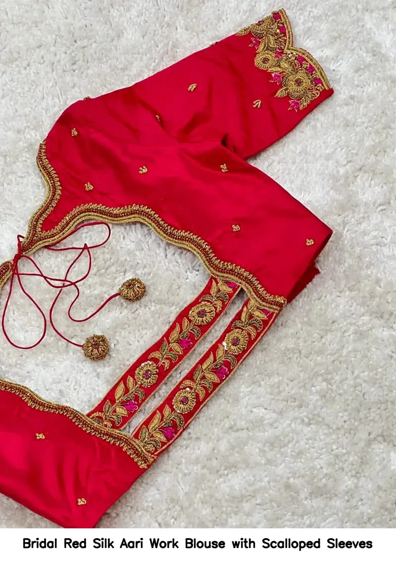 Bridal Red Silk Aari Work Blouse with Scalloped Sleeves - Image 3