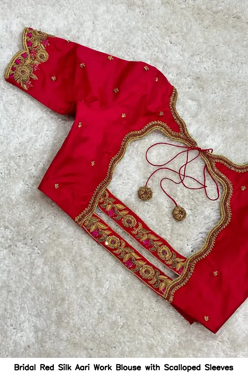 Bridal Red Silk Aari Work Blouse with Scalloped Sleeves - Image 4