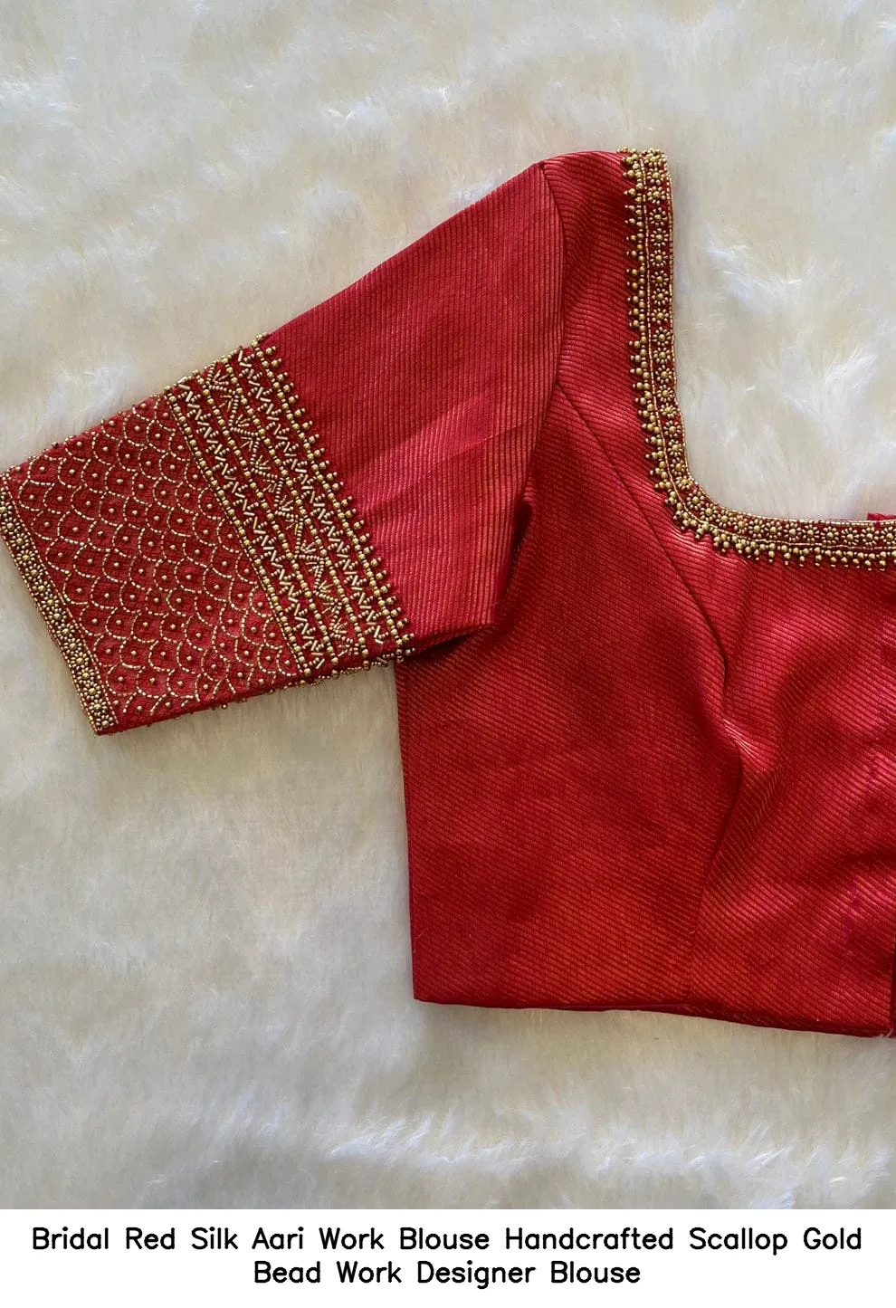 Bridal Red Silk Aari Work Blouse – Handcrafted Scallop Gold Bead Work Designer Blouse