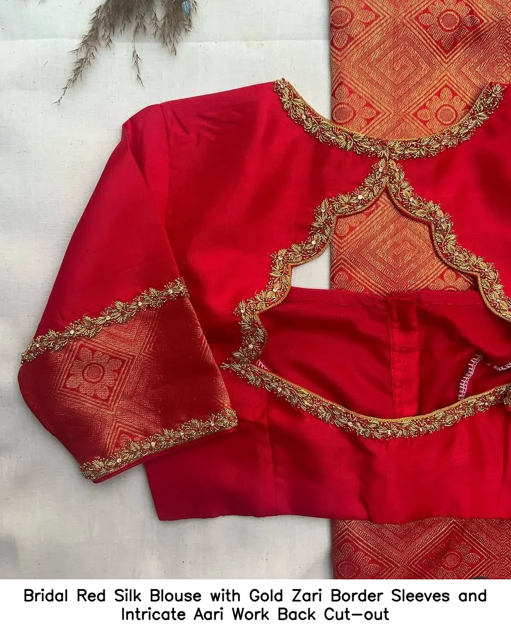 Bridal Red Silk Blouse with Gold Zari Border Sleeves and Intricate Aari Work Back Cut-out