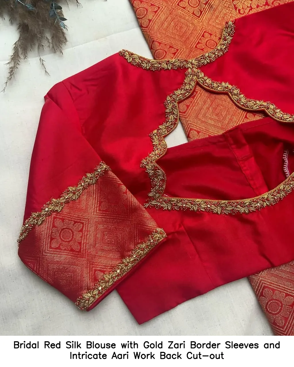 Bridal Red Silk Blouse with Gold Zari Border Sleeves and Intricate Aari Work Back Cut-out - Image 2